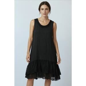 Cristina Vergani Black Linen Blend Dress Crochet Back High-Low Lace Trim | M EUC